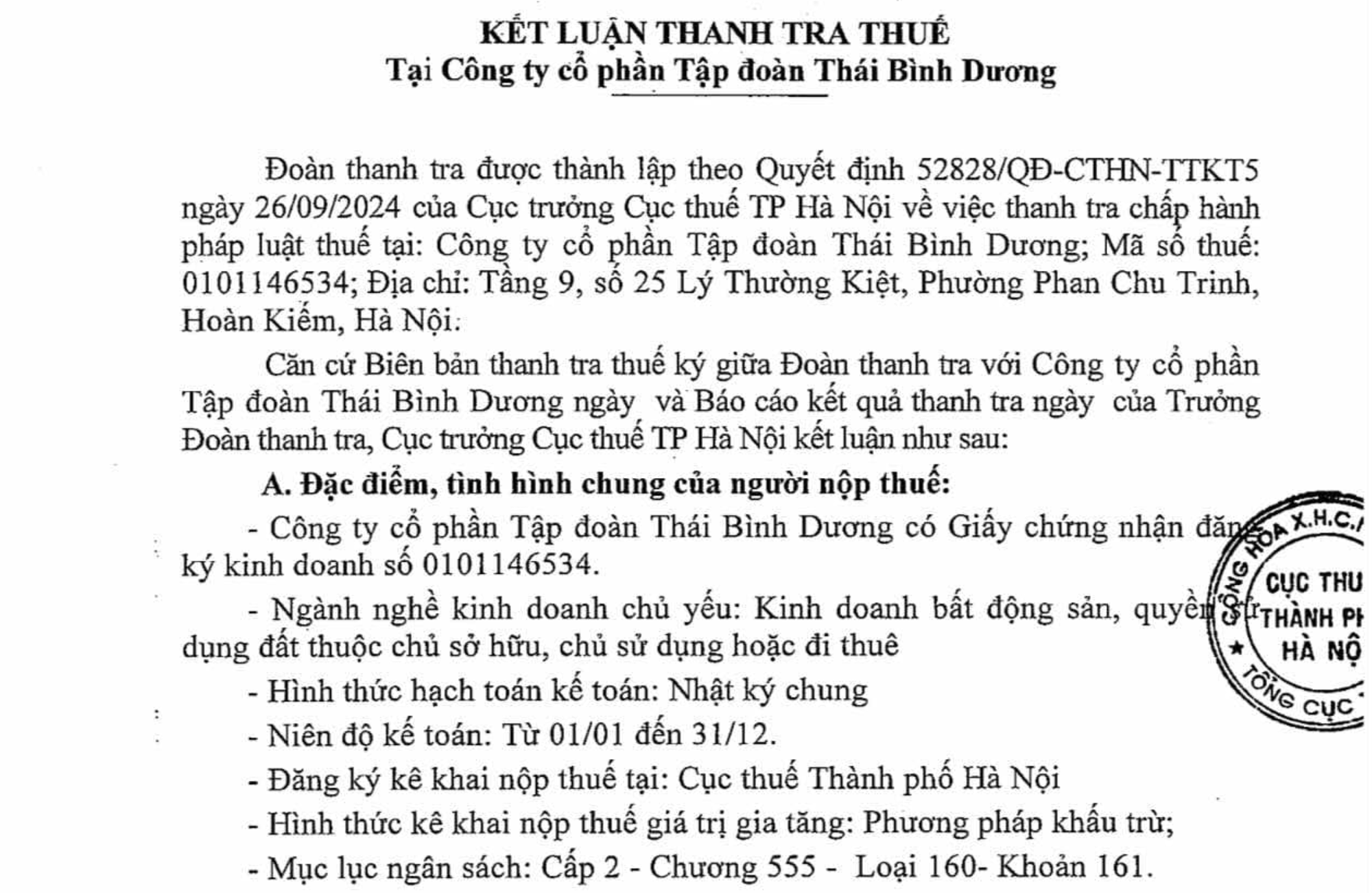 Vi phạm thuế, Tập đoàn Thái Bình Dương bị phạt và truy thu hơn 466 triệu đồng - Ảnh 1.