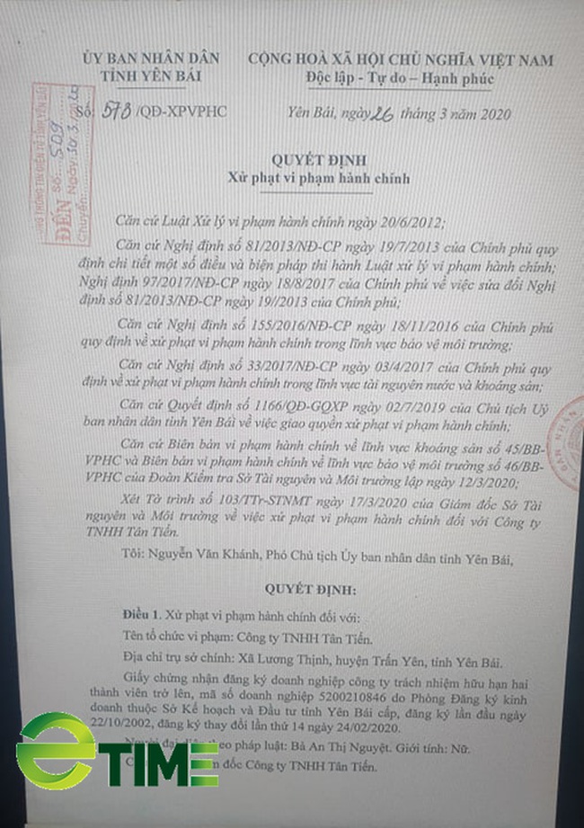 Yên Bái: Không thực hiện đầy đủ việc bảo vệ môi trường, Cty Tân Tiến bị phạt hơn 200 triệu đồng - Ảnh 2.