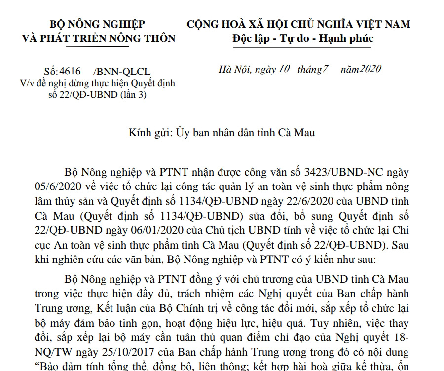Bộ NNPTNT lần thứ 3 yêu cầu tỉnh Cà Mau dừng thực hiện một Quyết định - Ảnh 1. Bộ NNPTNT lần thứ 3 yêu cầu tỉnh Cà Mau dừng thực hiện một Quyết định - Ảnh 1.