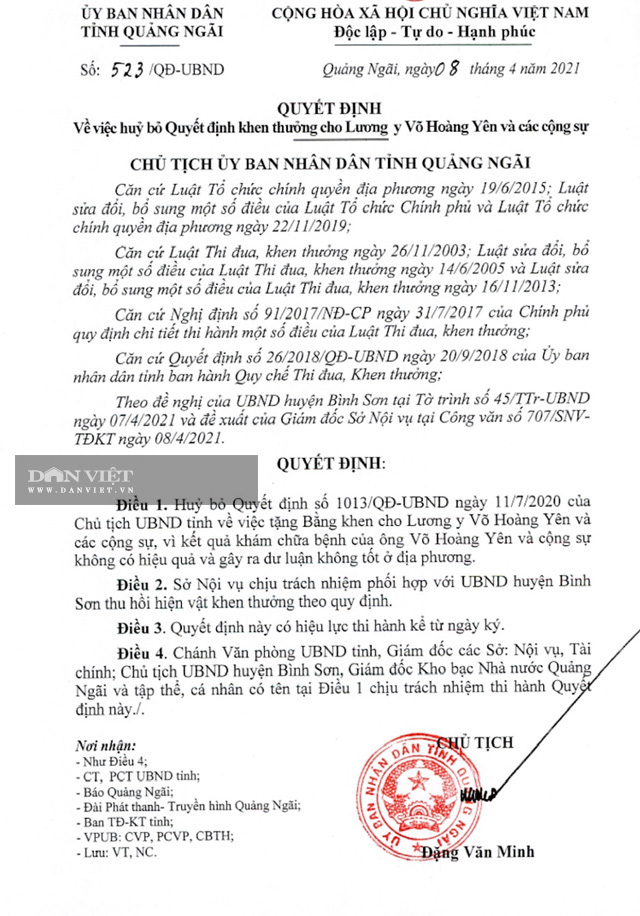 Quảng Ngãi: Chủ tịch tỉnh hủy bỏ quyết định khen thưởng của “Lương y” Võ Hoàng Yên  - Ảnh 1.