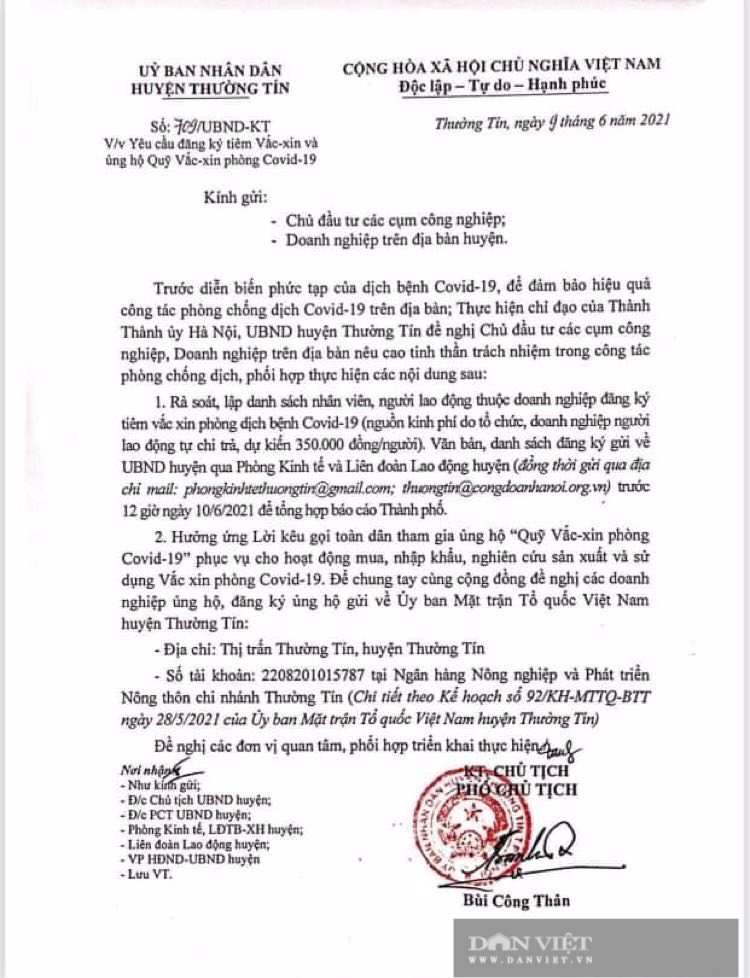 Hà Nội: Thêm văn bản tiêm vắc xin phòng Covid-19 phải trả 350 nghìn đồng, UBND huyện thừa nhận sai sót  - Ảnh 2.