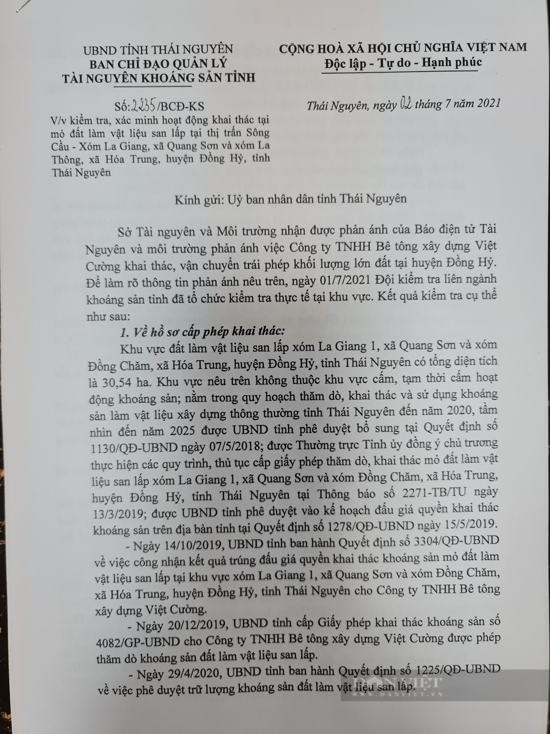 Thái Nguyên kiểm tra, xác minh hoạt động khai thác tại mỏ đất của Công ty TNHH Bê tông xây dựng Việt Cường - Ảnh 1.