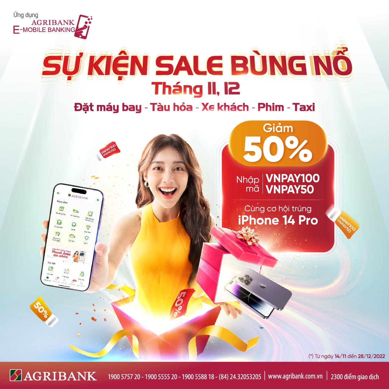 Đại tiệc ưu đãi cuối năm: Agribank E-Mobile Banking tặng ngay ưu đãi giảm nửa giá và cơ hội nhận iPhone 14 Pro cực chất! - Ảnh 1. Đại tiệc ưu đãi cuối năm: Agribank E-Mobile Banking tặng ngay ưu đãi giảm nửa giá và cơ hội nhận iPhone 14 Pro cực chất! - Ảnh 1.