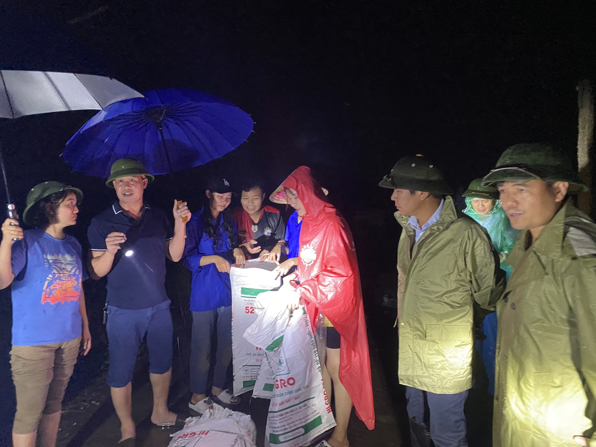 Hà Nội: Nước sông Bùi lên cao, người dân trắng đêm đắp bao tải cát ngăn nước tràn vào làng - Ảnh 1.