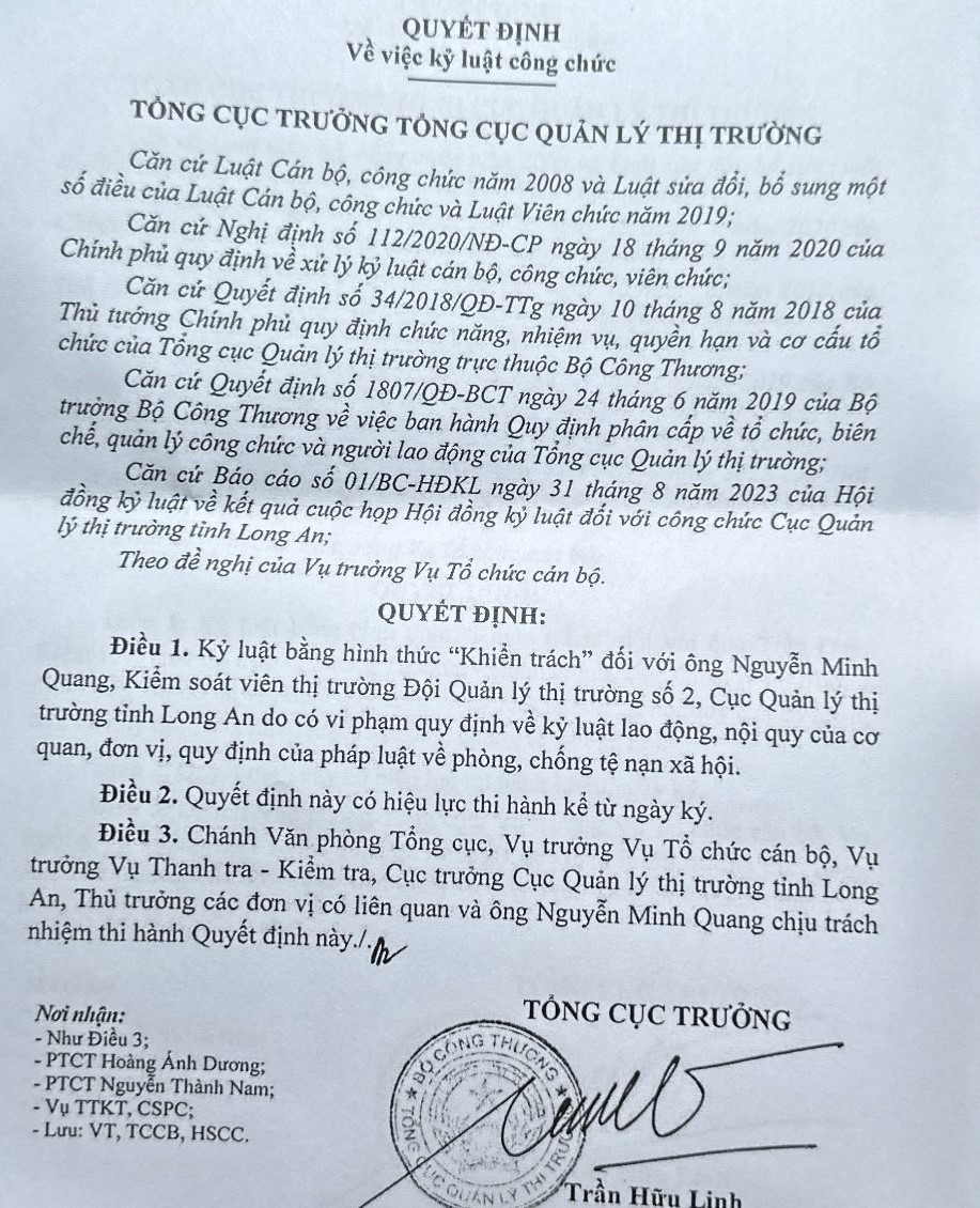 Tổng cục Quản lý thị trường kỷ luật 4 công chức Quản lý thị trường Long An - Ảnh 2.