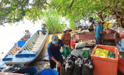 Chợ quê ở An Giang họp ngay mé sông Hậu, trên trời, dưới la liệt cá đồng ngon, người mua kẻ bán xôn xao