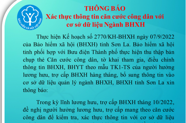 BHXH tỉnh Sơn La: Thông báo xác thực thông tin căn cước công dân với cơ sở dữ liệu ngành BHXH