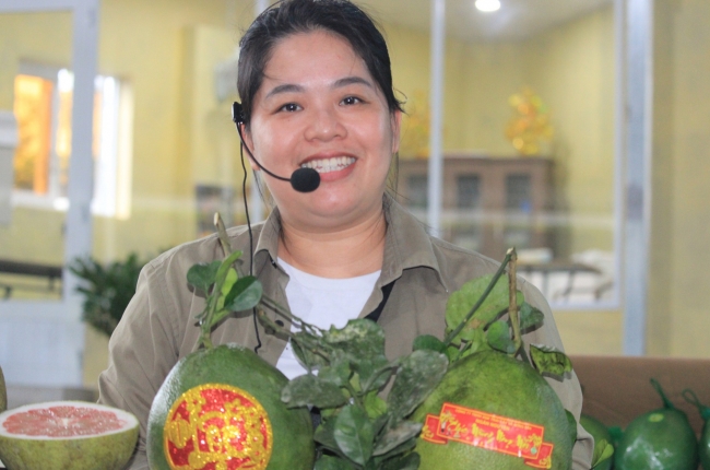 Hàng trăm quả bưởi tết ở Khánh Vĩnh được 'trang điểm' mát mắt cung cấp cho khách hàng