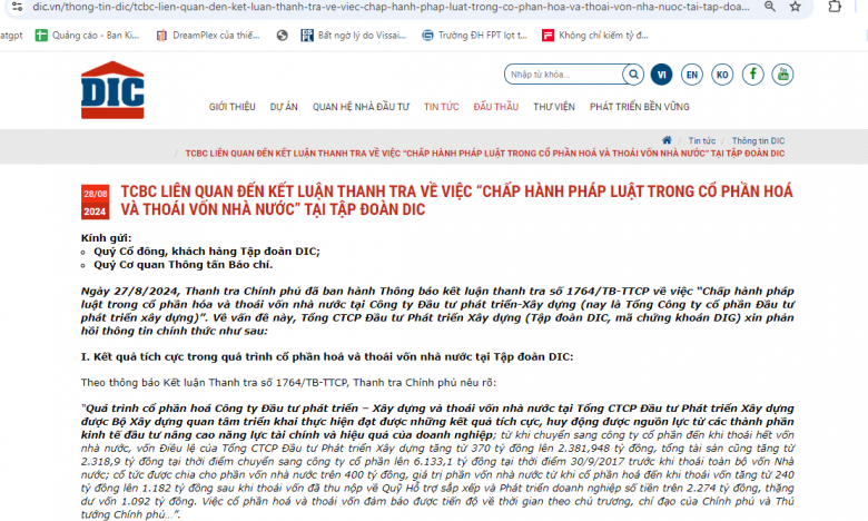 Tập đoàn DIC khẳng định hoàn tất các kiến nghị của Thanh tra Chính phủ trước ngày 25/9